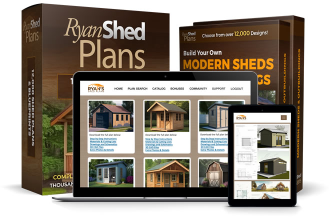 My Shed Plans product bundle with shed plan examples on laptop and tablet